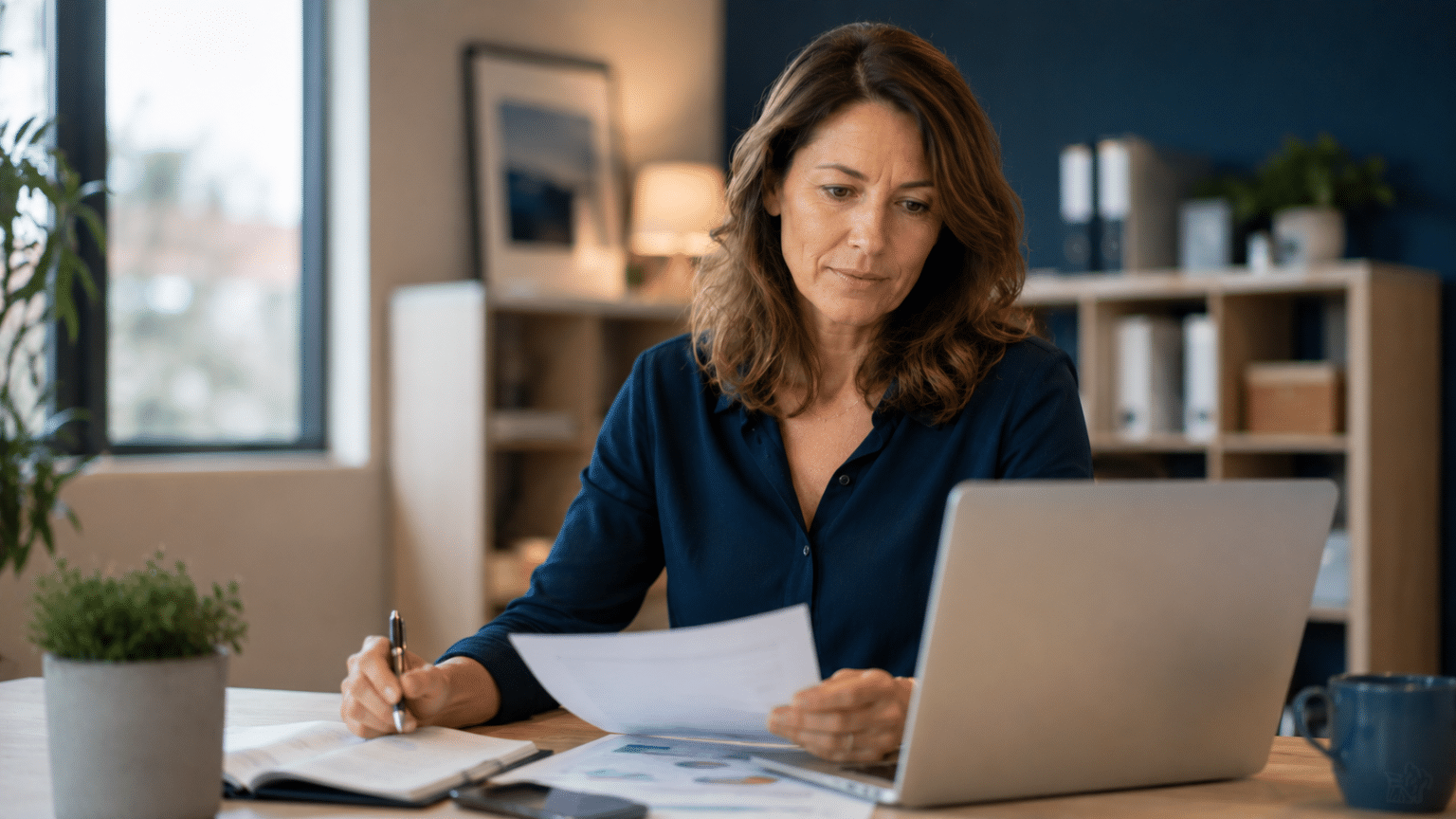 Dirigeante de PME faisant le point sur son entreprise, documents et écran devant elle
