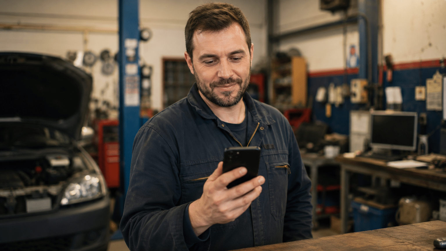 Dirigeant de TPE consultant les avis clients Google de son entreprise sur son smartphone