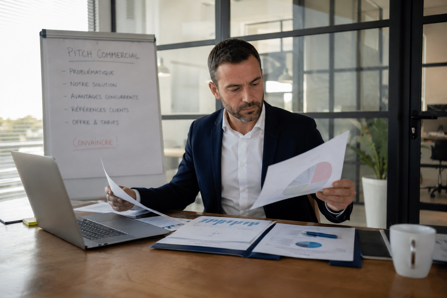 Dirigeant de PME préparant son pitch commercial avant un rendez-vous