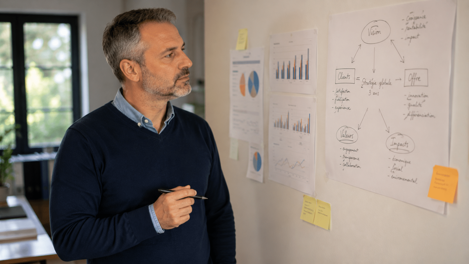 Dirigeant de PME comparant sa stratégie commerciale écrite à son activité réelle