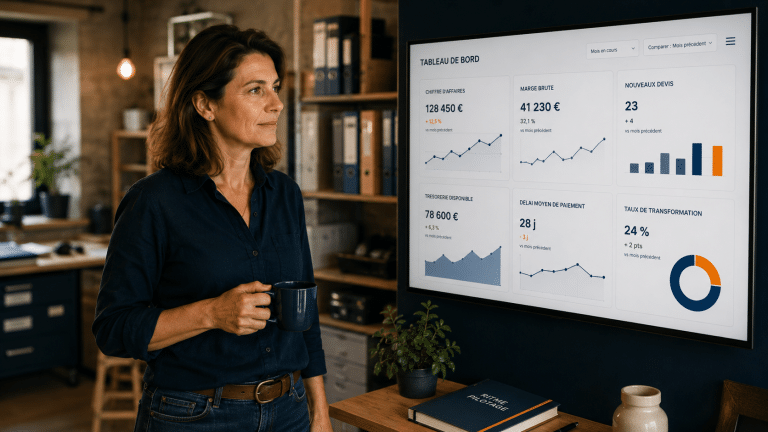 Dirigeante de PME analysant son rythme de pilotage d’entreprise sur un tableau de bord