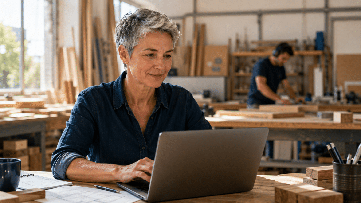 Dirigeante de PME utilisant un outil d'IA dans son atelier, illustration de l'adoption de l'IA en PME