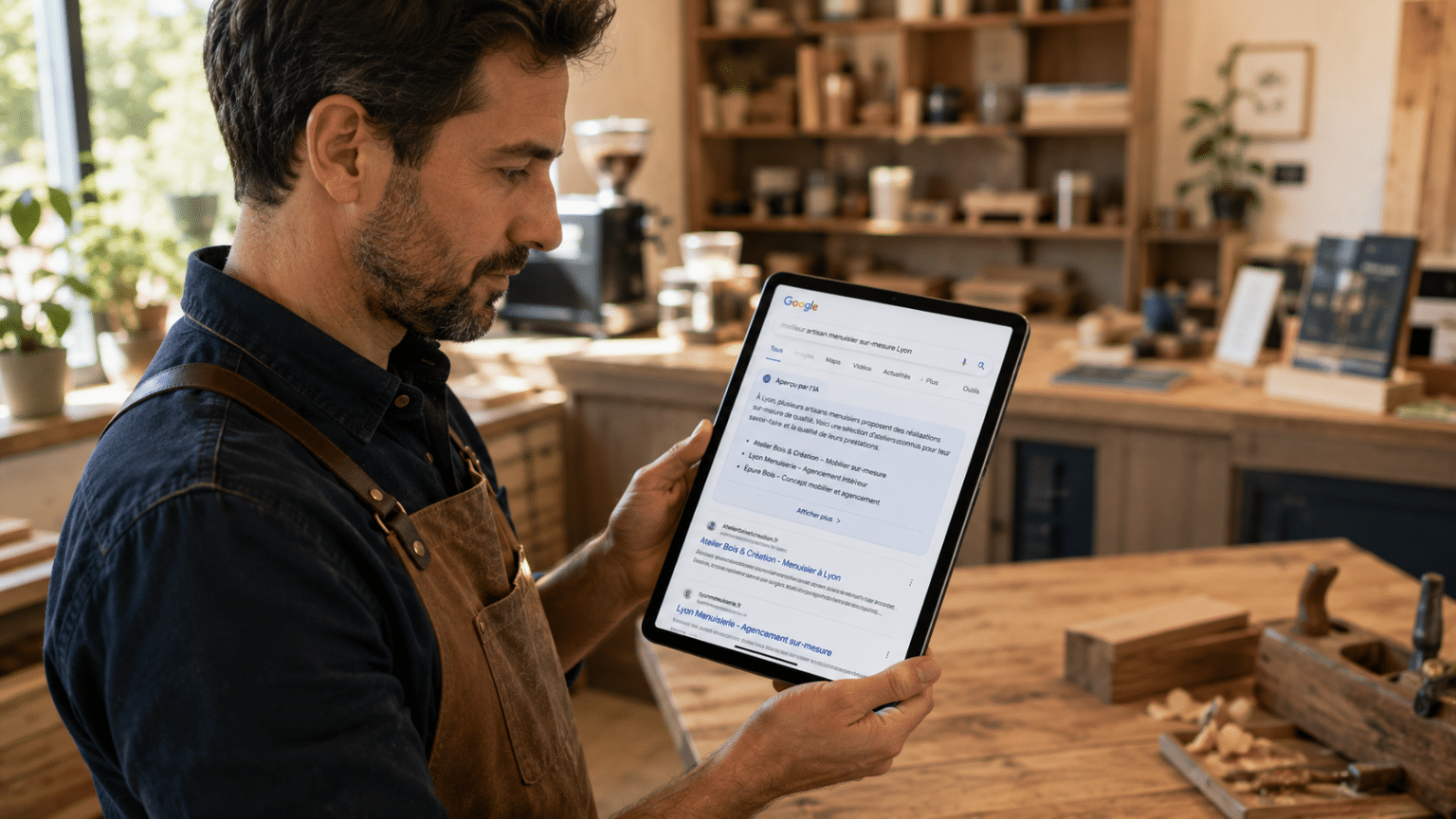 Artisan dirigeant de TPE découvrant un AI Overview de Google sur sa tablette dans son atelier