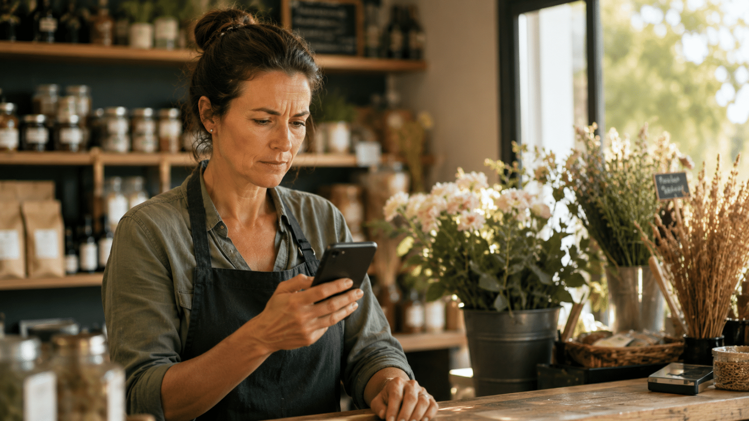 Commerçante découvrant un avis Google spontané sur la fiche de sa boutique