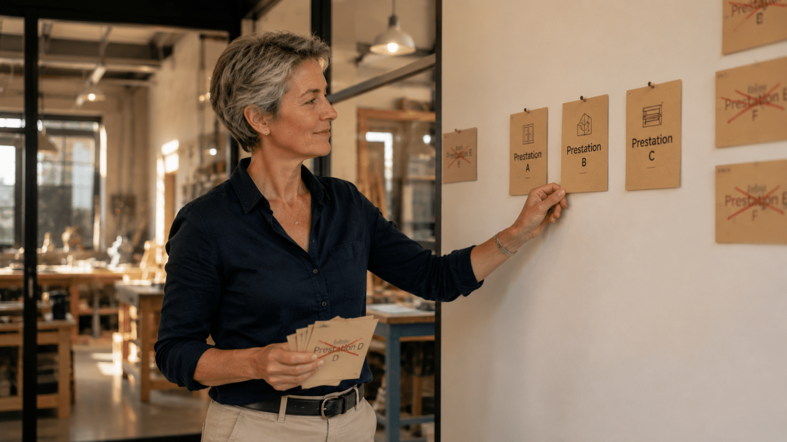 Dirigeante de PME construisant une offre claire pour son entreprise en réduisant ses prestations à l'essentiel