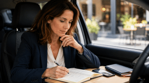 Dirigeante relisant ses notes pour préparer son pitch commercial avant un rendez-vous client