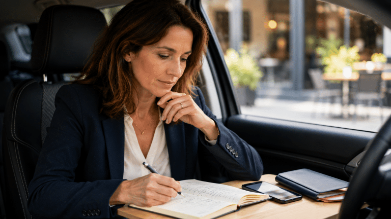 Dirigeante relisant ses notes pour préparer son pitch commercial avant un rendez-vous client