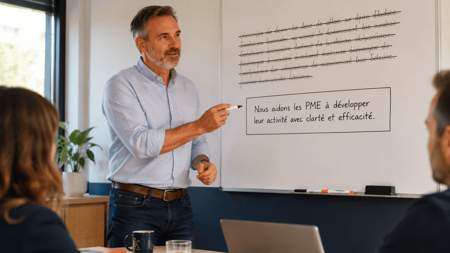 Dirigeant de PME réduisant la longueur de sa proposition de valeur sur un tableau blanc, d'un paragraphe à une phrase
