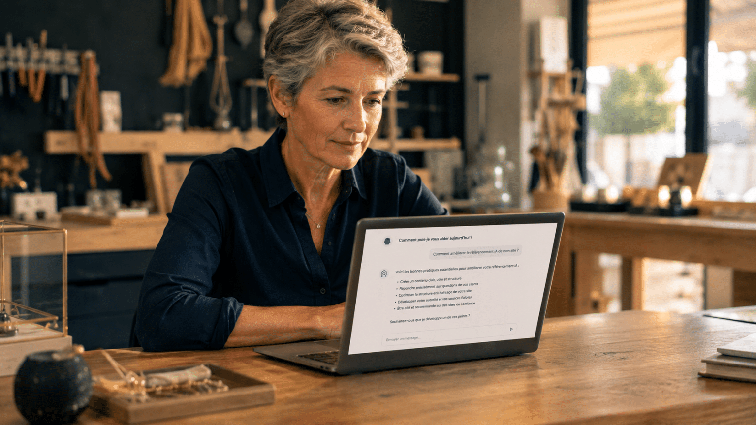 Dirigeante de PME découvrant le référencement IA en testant un assistant conversationnel sur son ordinateur