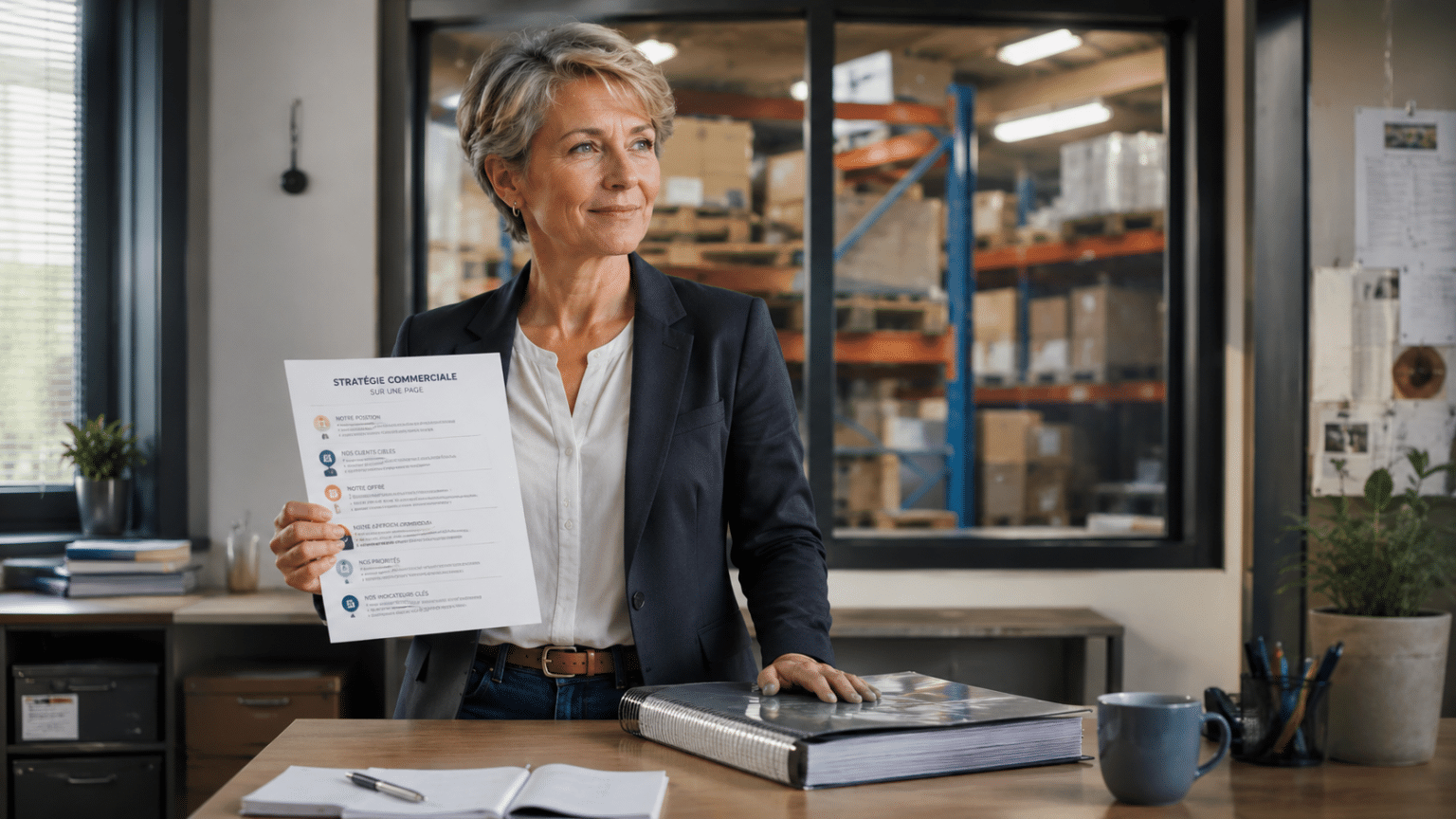 Dirigeante de PME tenant sa stratégie commerciale écrite sur une seule page, à côté d'un épais rapport fermé