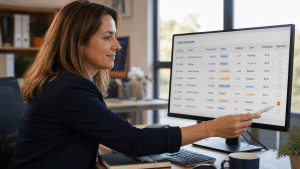 Dirigeante de PME analysant son taux de transformation sur ses devis en cours