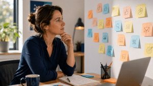 Dirigeante de petite entreprise face à plusieurs actions marketing affichées sur un mur, cherchant à prioriser plutôt qu'à tout tester en même temps