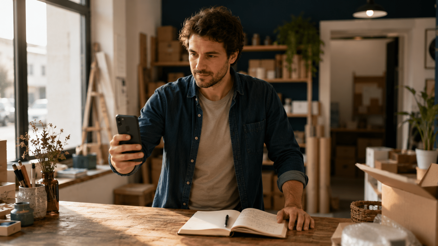 Créateur d'entreprise organisant sa visibilité au lancement de son activité